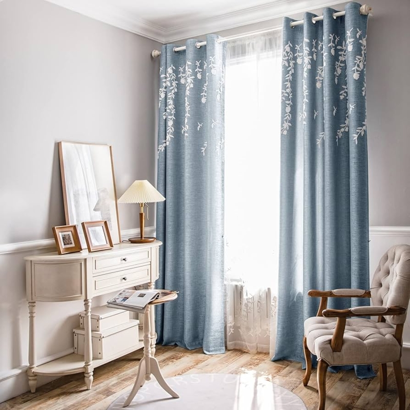 Blackout Curtains Dusty Blue White Floral Embroidery Linen Look Grommet