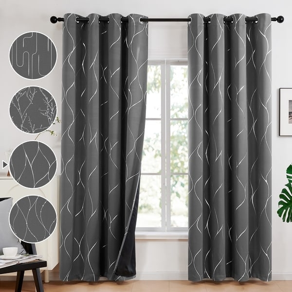 Blackout Curtains Navy Blue Metallic Geometric Lattice Foil Print