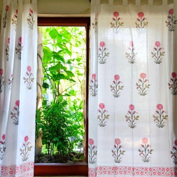 Block Printed Sheer Curtains Floral Indigo Hem Border Bohemian