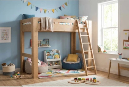 Blonde Wood Loft Bed with Tiered Storage Stairs and Open Cubbies