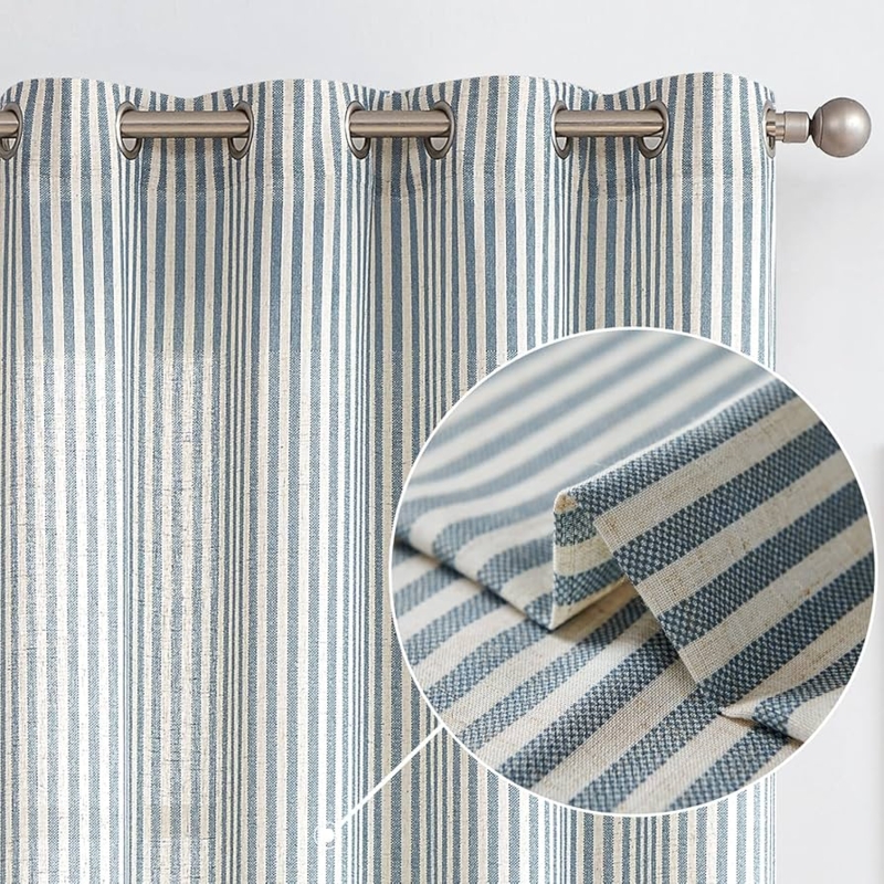 Blue And Cream Ticking Stripe Curtains Grommet Top Farmhouse Style