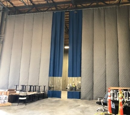 Blue and Grey Industrial Curtains with Vision Panels, Track-Mounted