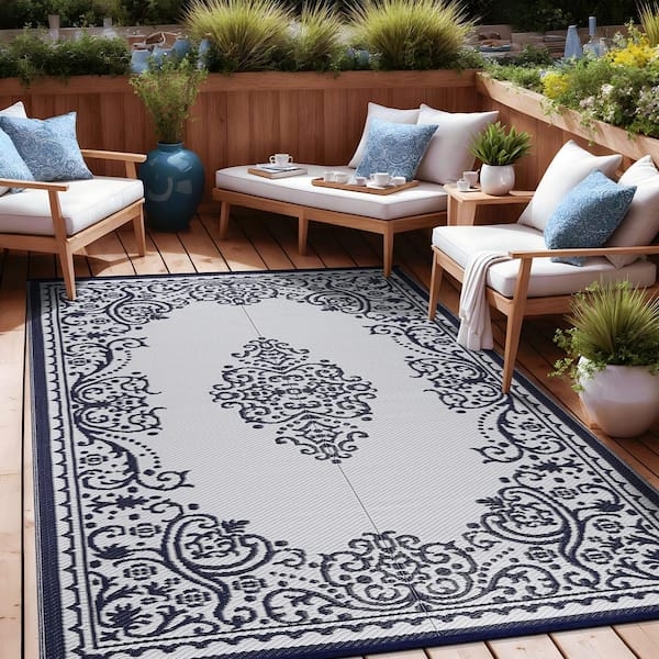 Blue and White Area Rug Medallion Pattern Two-Tone Boho