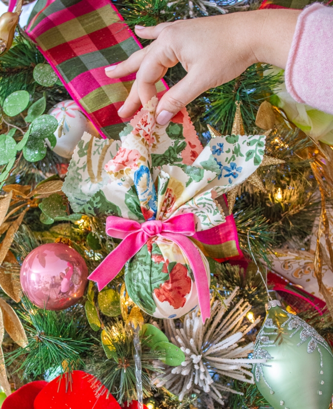 Blue and White Chintz Fabric Wrapped Ball Ornaments