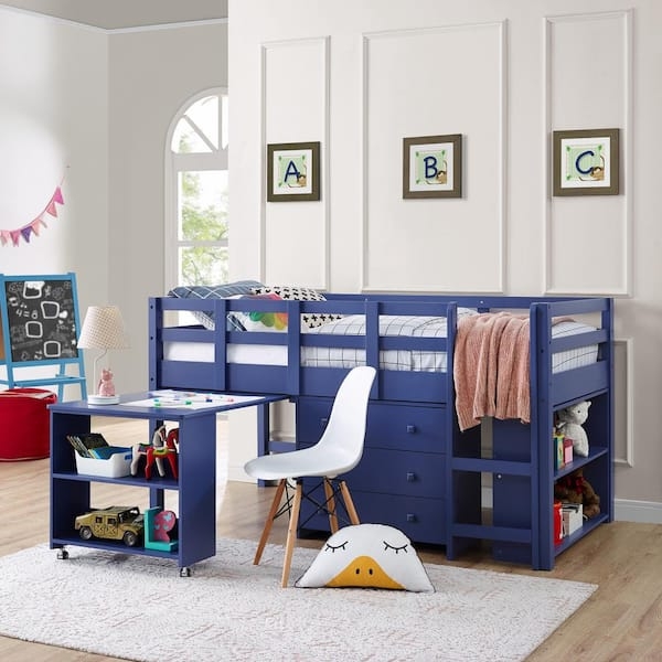 Blue and White Low Loft Bed with Desk and Integrated Storage Cabinet