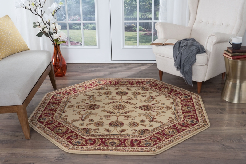 Blue Bordered Octagon Carpet with Classic Ivory Persian Center