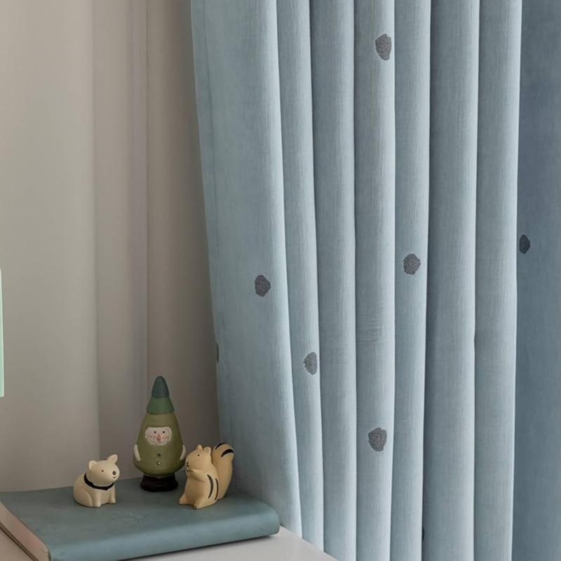 Blue Chenille Blackout Curtains featuring Raised Polka Dot Pattern