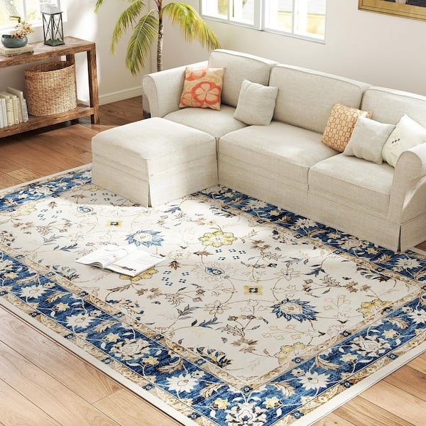 Blue Distressed Floral Area Rug, Washable Bohemian Foldable Carpet