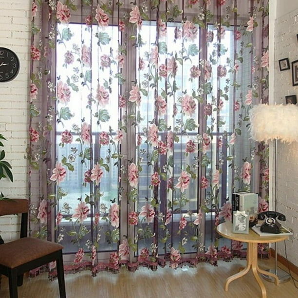 Blue Floral Curtains Pattern Translucent Sheer Cottage Style