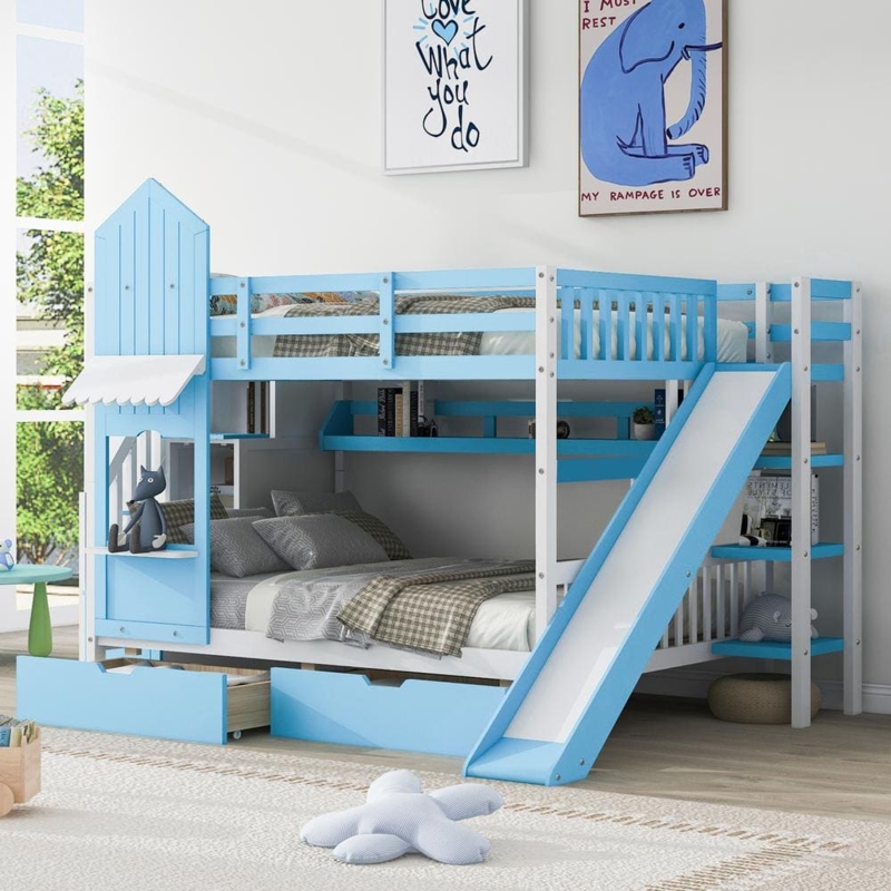 Blue Full Over Full Castle Bunk Bed with Slide & Storage Staircase