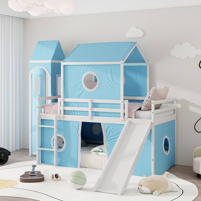 Blue Wood House Loft Bed with Play Tent and Pinnacle Tower Slide