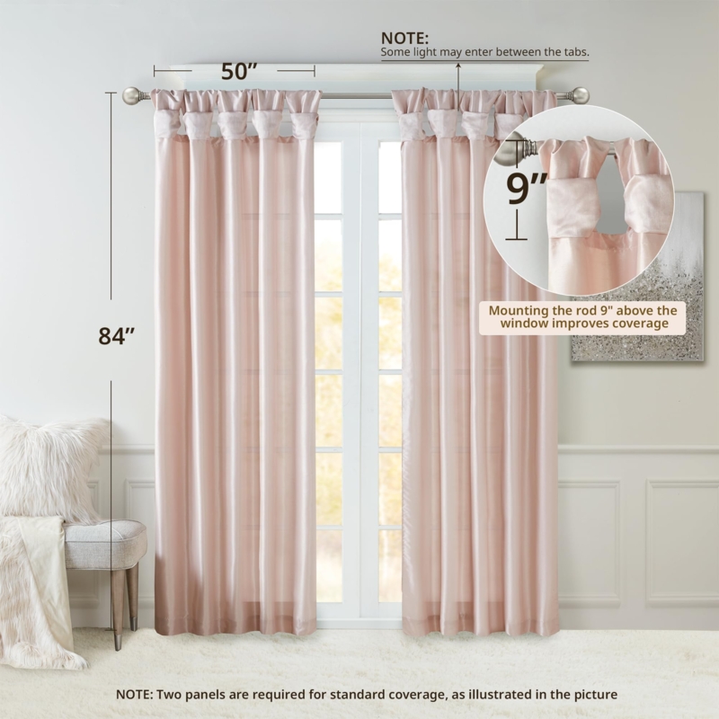 Blush Faux Silk Window Curtain, Decorative Twist Tab Top Drapes