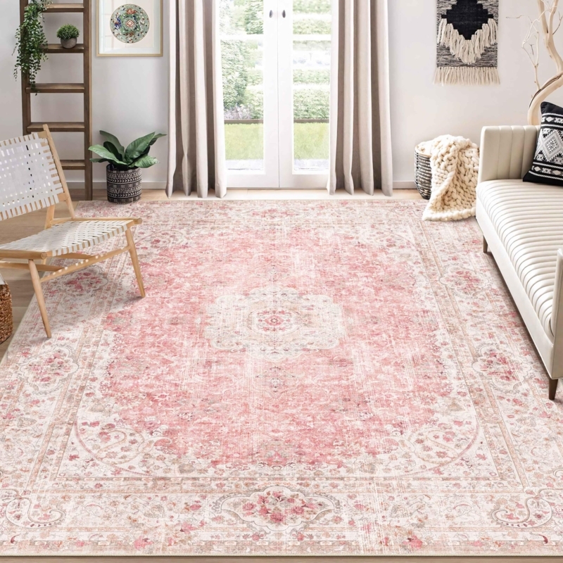 Blush Pink Distressed Bohemian Medallion Area Rug