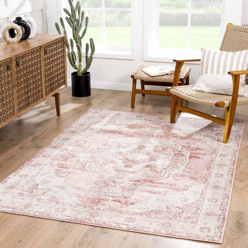 Blush Pink Distressed Oriental Area Rug Transitional Style