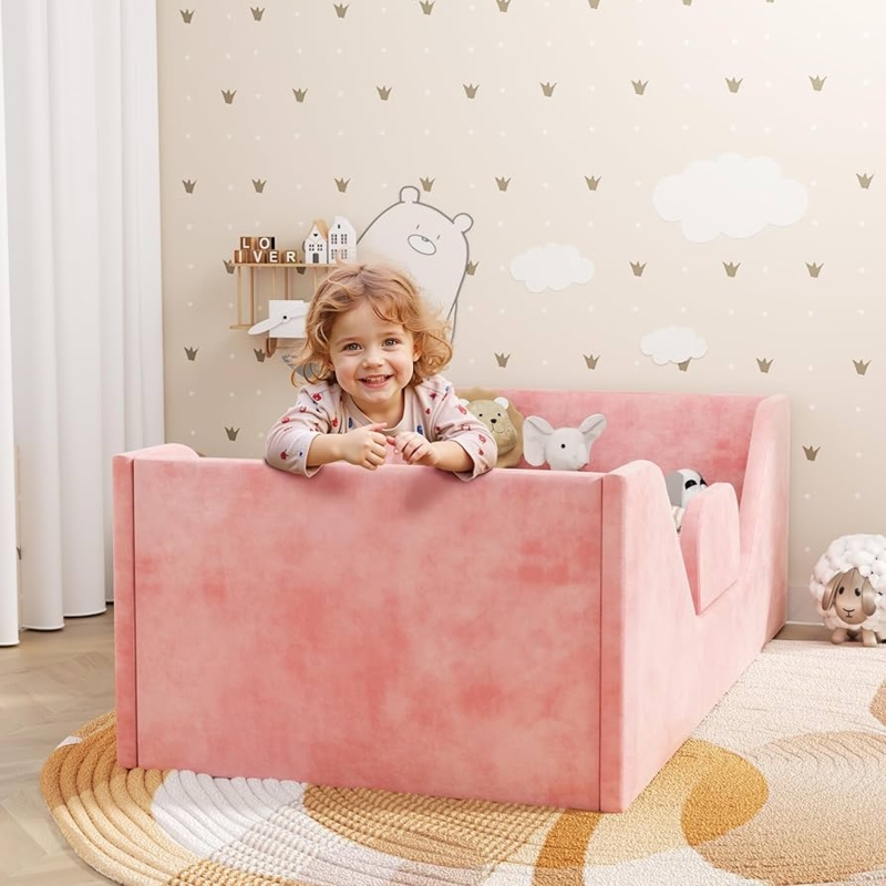 Blush Pink Upholstered Toddler Floor Bed, Padded Guard Rails