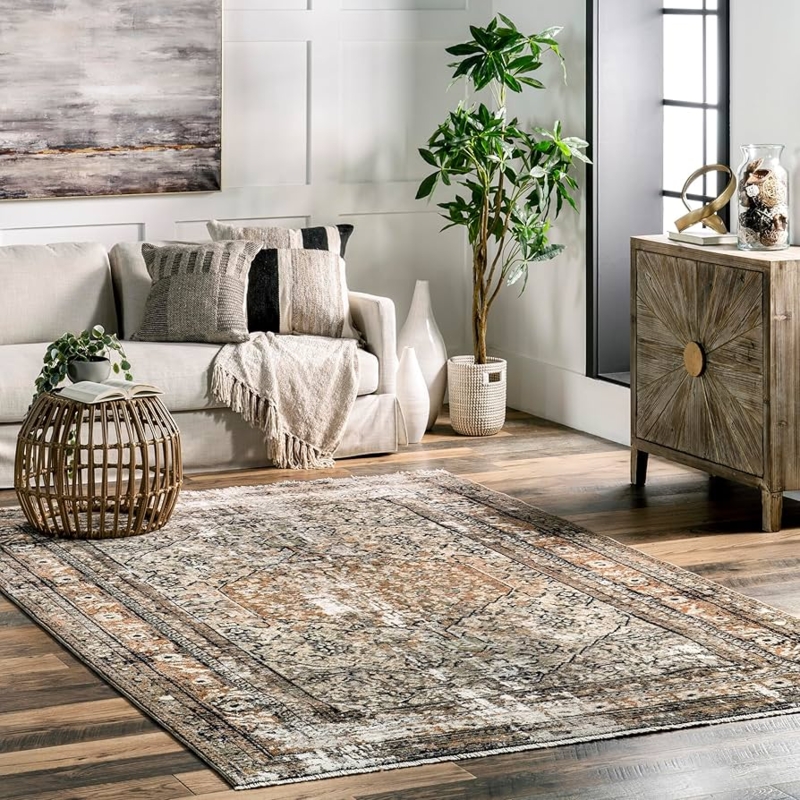 Bohemian Area Rug Distressed Medallion with Braided Tassels Navy Pink