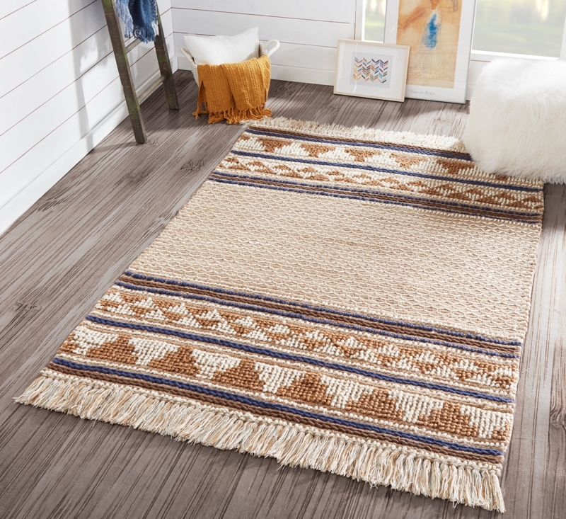 Bohemian Area Rug with Fringed Ends in Ivory and Tan Flatweave