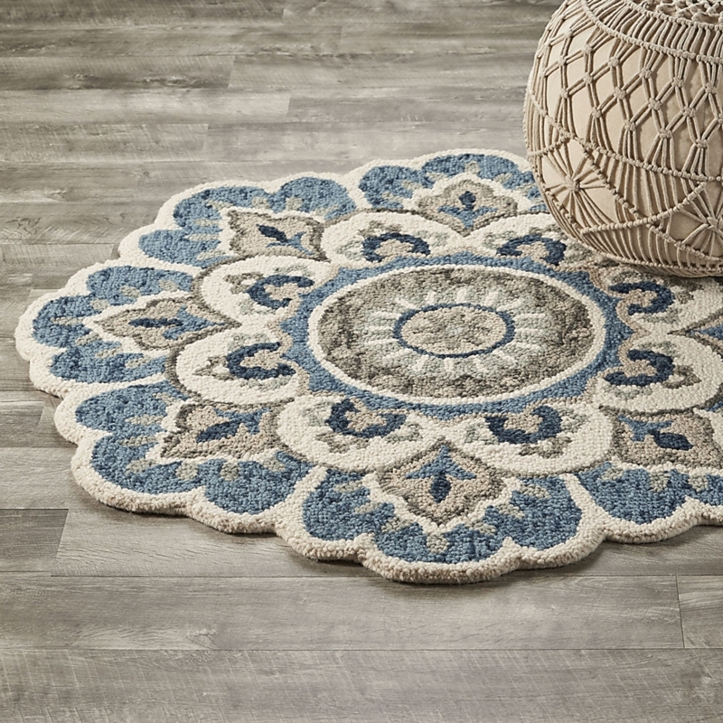 Bohemian Distressed Round Area Rug, Blue Medallion