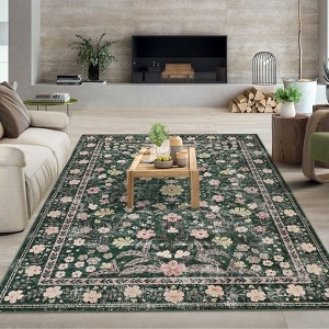 Boho Area Rug Muted Sage Green Distressed Botanical Floral Pattern