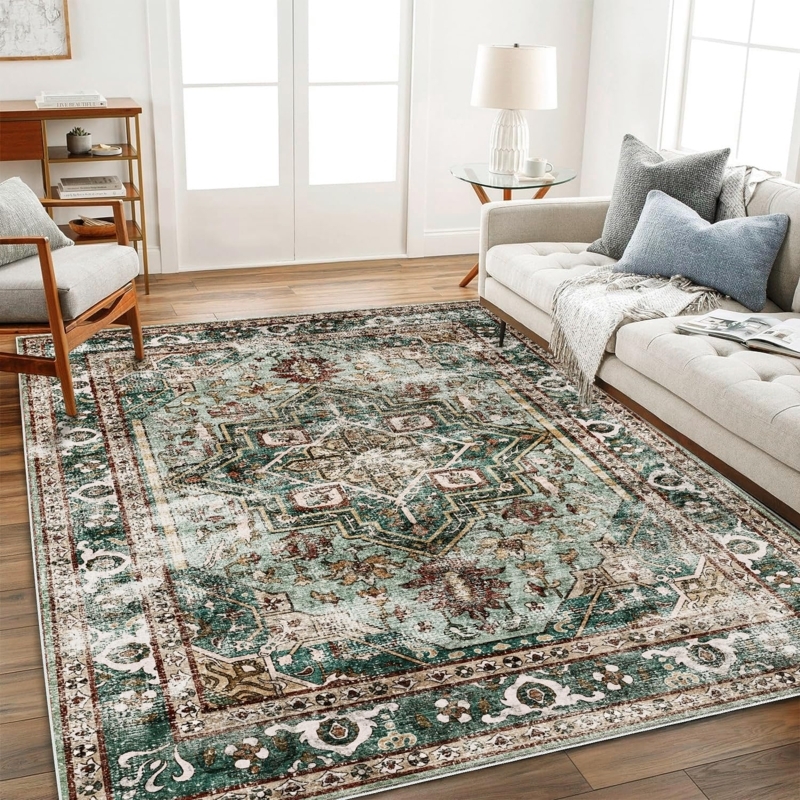 Boho Chic Area Rug, Sage Green Medallion Distressed Pattern