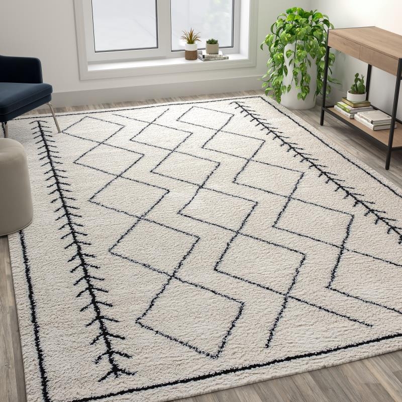 Boho Ivory Shag Rug Geometric Trellis Charcoal Pattern Modern
