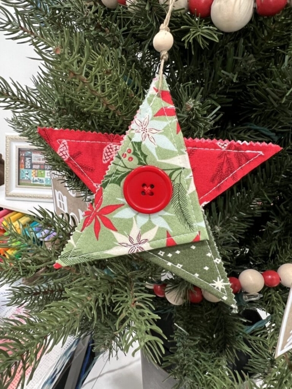 Boho Scrappy Fabric Star Ornament with Wooden Bead Accent