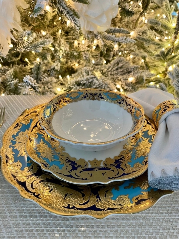 Bone China Dinnerware Set Embossed Gold Filigree Border