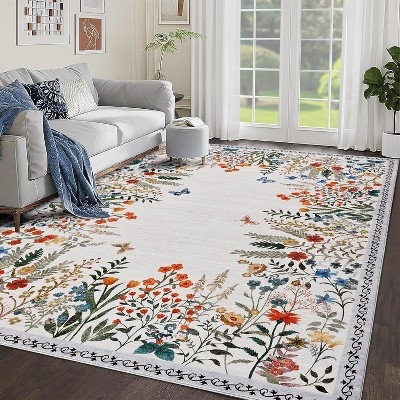 Botanical Area Rug, Beige Floral Print Transitional Styling
