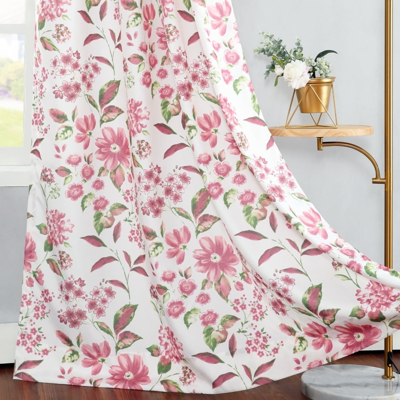 Botanical Curtains Pink Floral Print Grommet Top Drapery (61 chars)