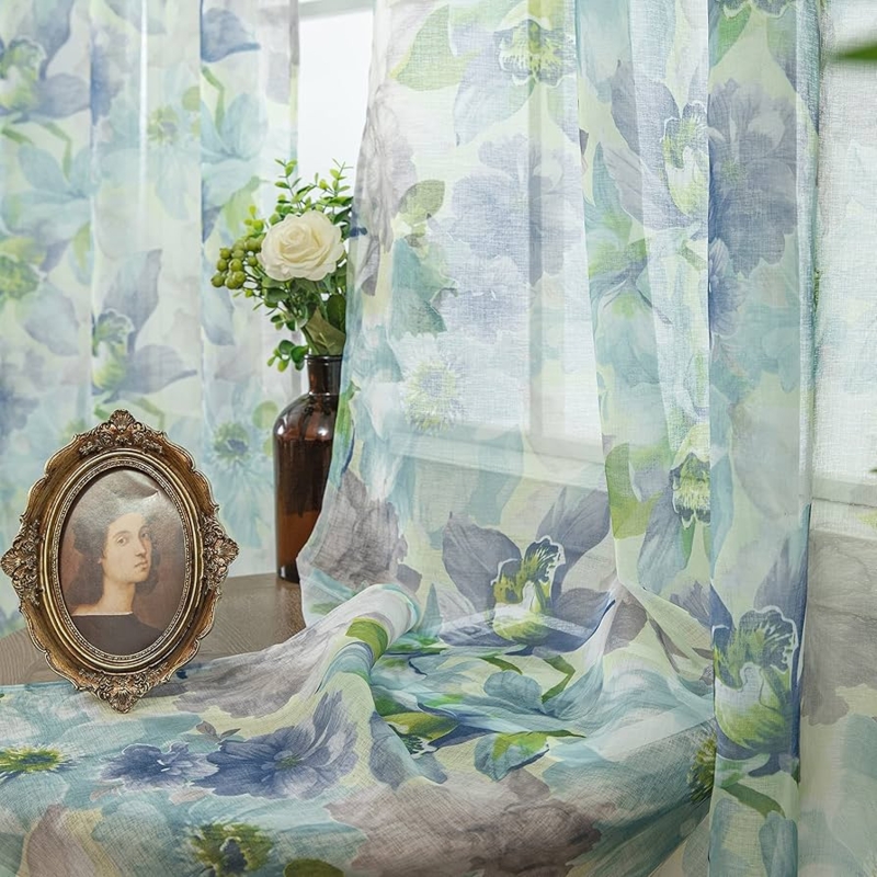 Botanical Print Sheer Curtains Linen Look Semi Sheer Blue