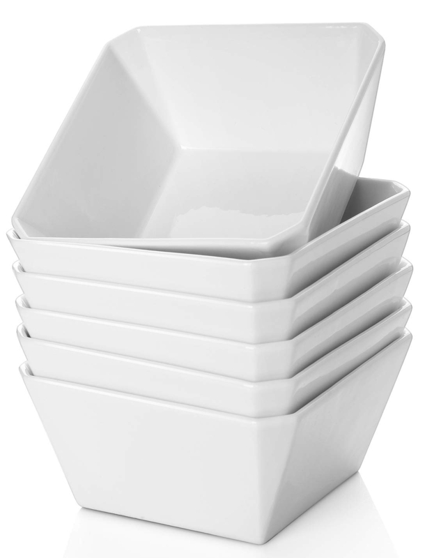 Bowl Set White Ceramic Stackable Rounded Corners Glossy 6 Pack