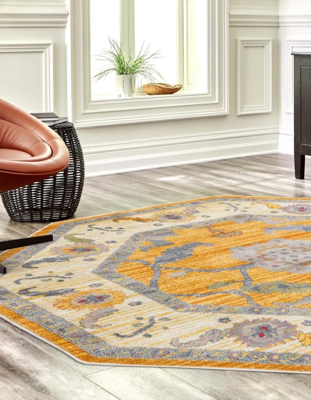 Bright Yellow Patterned Area Rug with Distressed Octagonal Boho Style