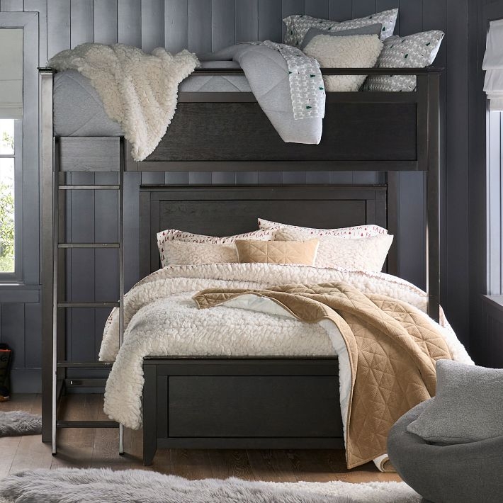 Brushed Fog Gray Loft Bed with Desk, Full Size Wood Frame, Ladder Access