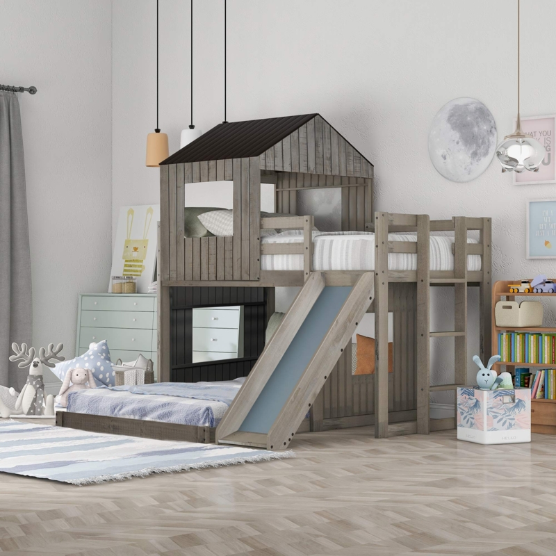 Bunk Bed, Antique Gray House Frame, Farmhouse Style Toddler Bunk Bed