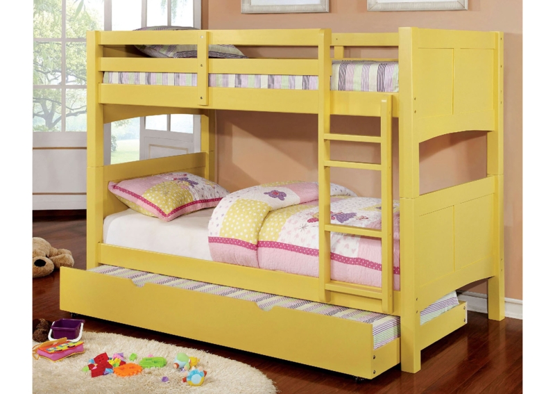 Bunk Bed Bright Yellow Finish Metal Frame Integrated Trundle