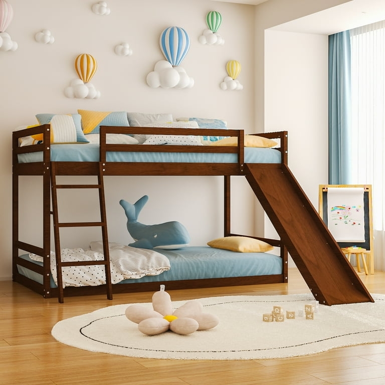 Bunk Bed, Brown Wood-Toned Floor Base, Wood-Toned Twin Bunk Bed Frame