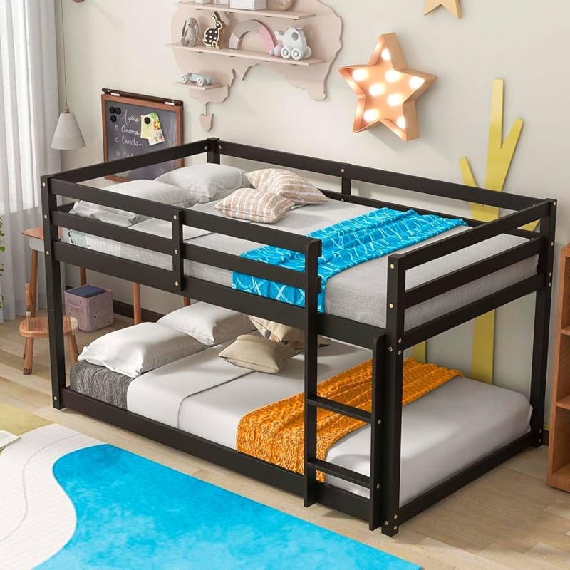 Bunk Bed Espresso Finish Built In Shelving Stairs Modern Kids Room