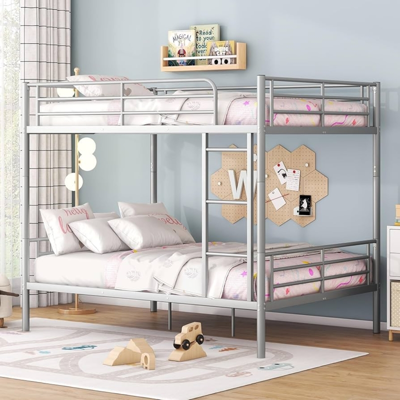 Bunk Bed Full over Full Silver Metal Dual Ladders Industrial Style