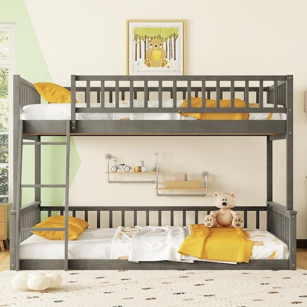Bunk Bed Gray Finish Full Over Queen Size Slanted Ladder