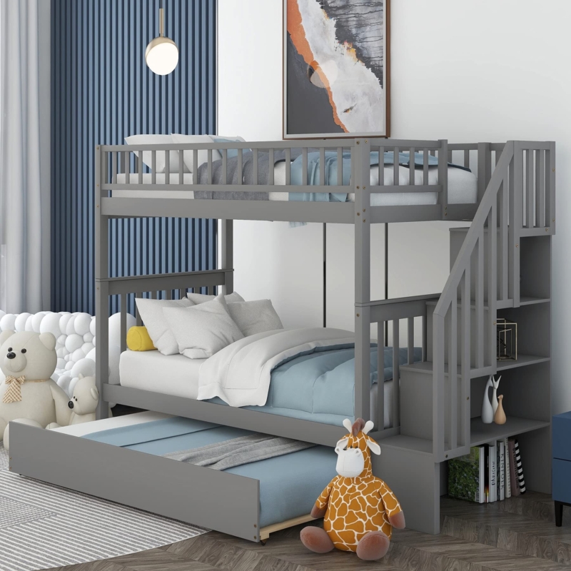 Bunk Bed Grey Finish Pull Out Trundle Painted Wood Transitional Style