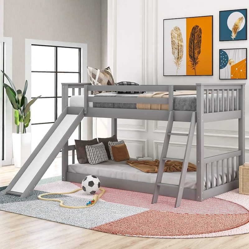 Bunk Bed, Grey Finish with Angled Ladder, Low Profile Grey Bunk Bed