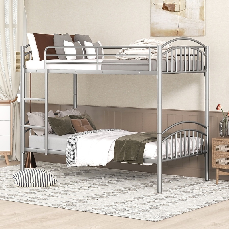 Bunk Bed Grey Metal Brushed Finish Dual Integrated Ladders Small Space