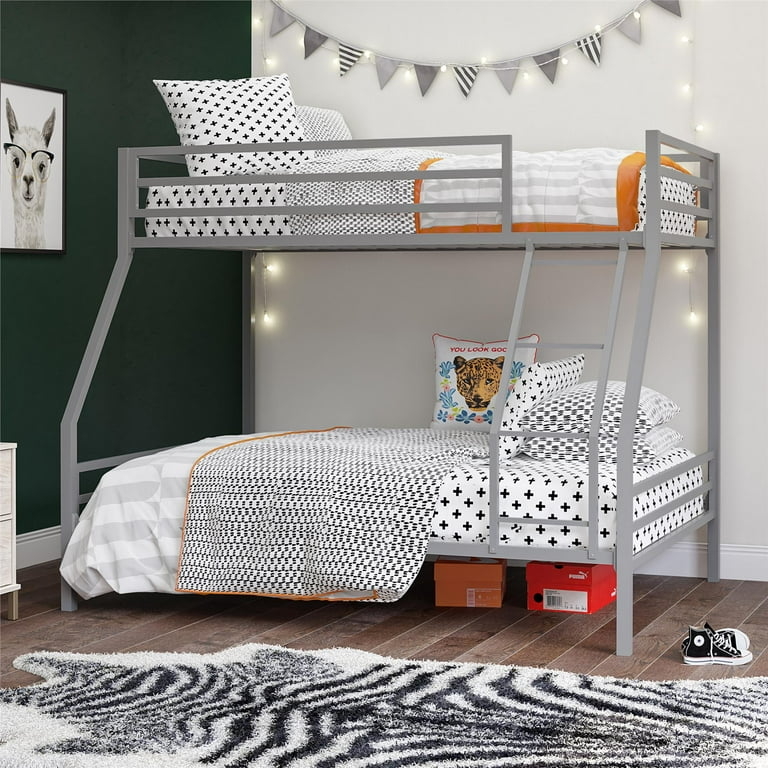 Bunk Bed Grey Metal Twin Over Full, Angled Ladder Modern Design