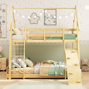 Bunk Bed House Frame Floor Bed Design Climbing Net Slide