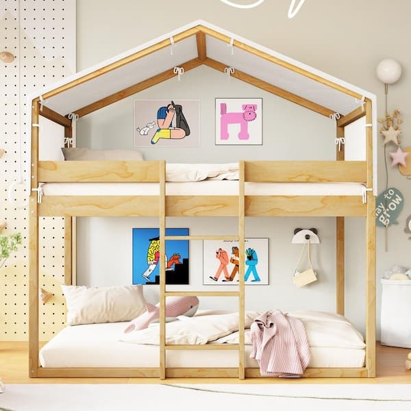 Bunk Bed House Frame with Blue Tent Cover, Wood Toned