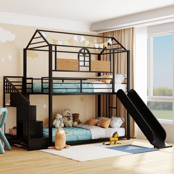 Bunk Bed House Shaped Black Metal Frame Integrated Slide Stairs