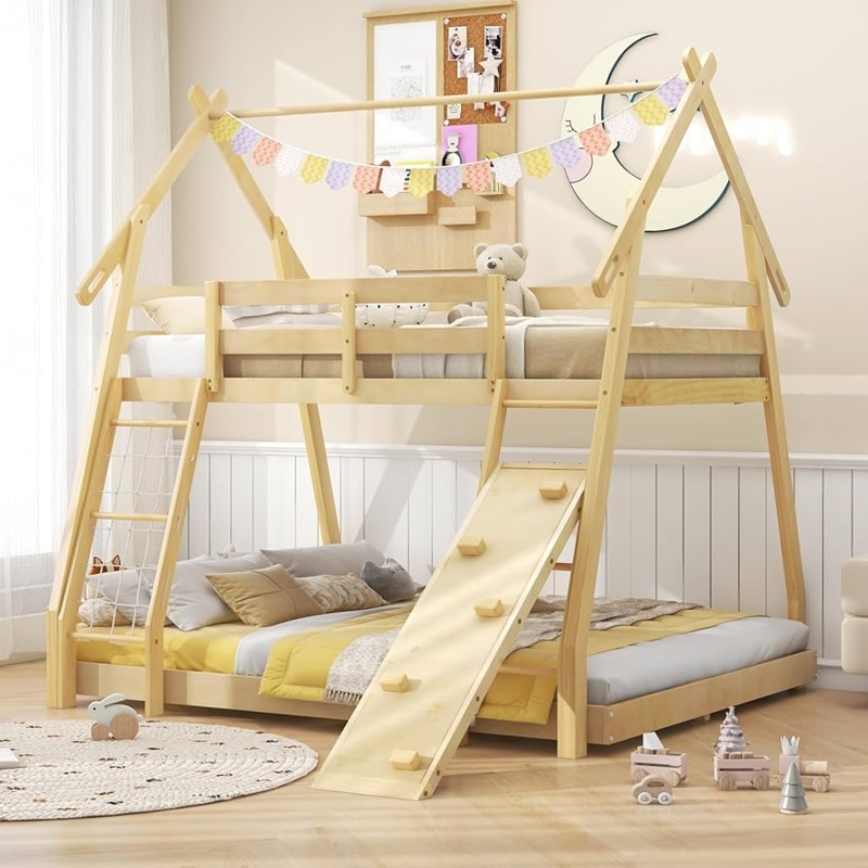Bunk Bed House Shaped Frame Climbing Net Slide Ramp Natural Wood