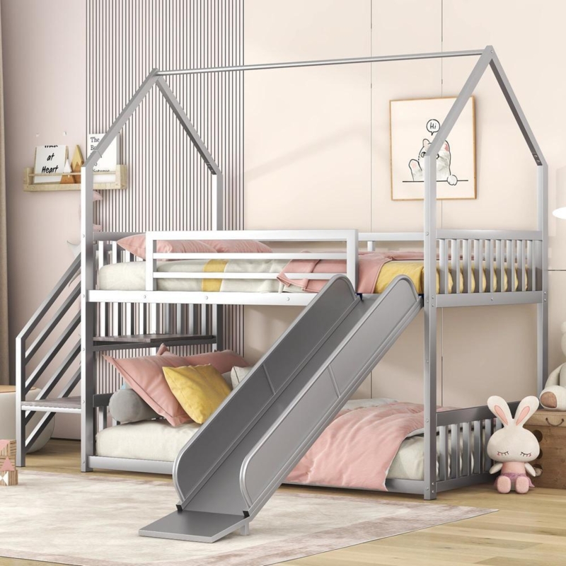 Bunk Bed House Shaped Grey Metal Frame with Slide Storage Stairs