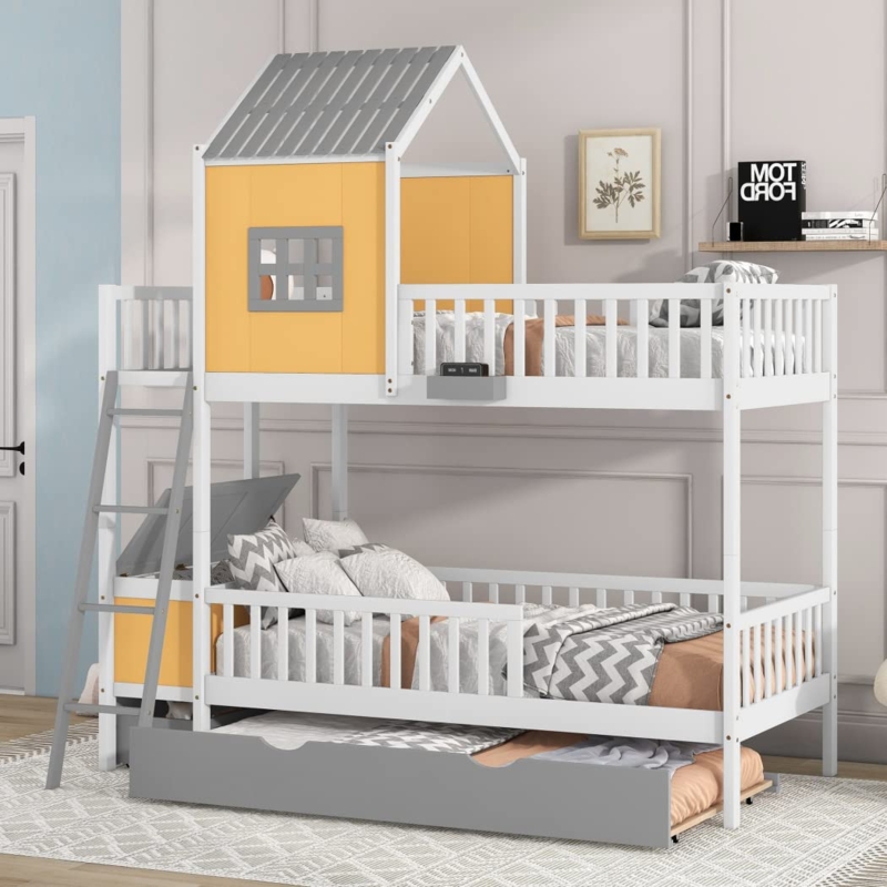 Bunk Bed House Silhouette Yellow Frame Trundle Storage Combination