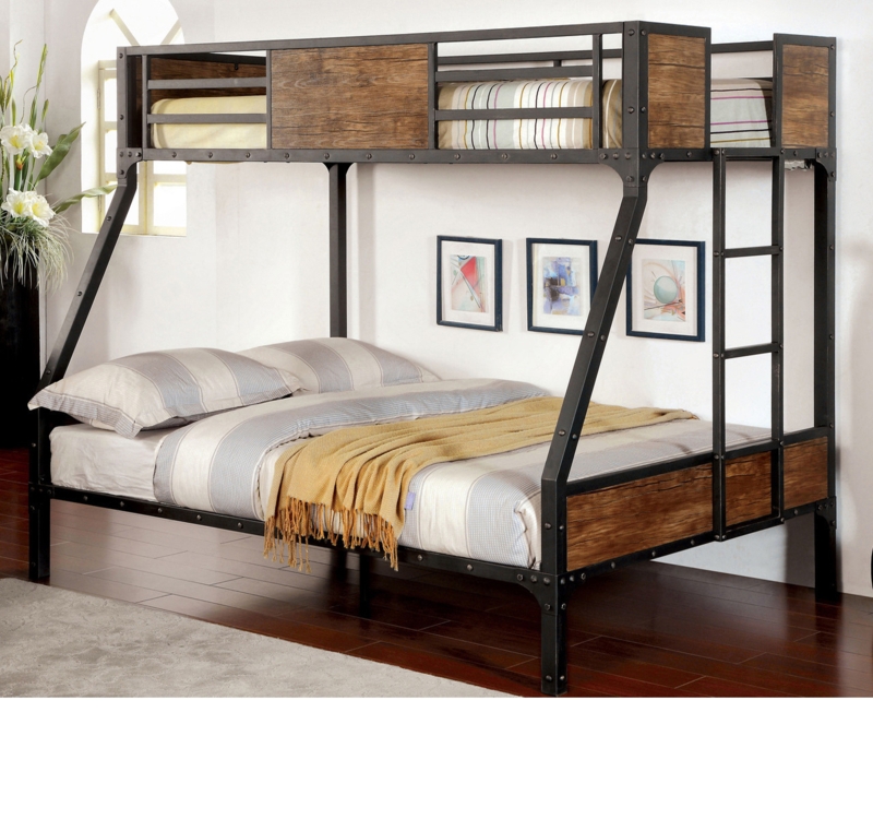 Bunk Bed Industrial Metal and Wood Twin Over Full Inset Panels